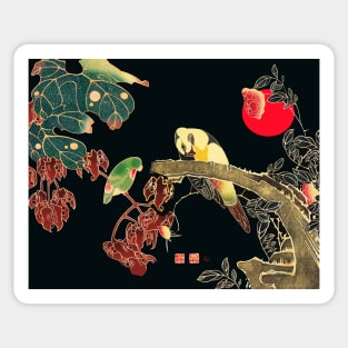 PARROTS ON A BRANCH OF A FLOWERING ROSE BUSH Antique Japanese Floral Sticker